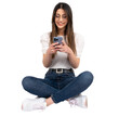 Mobile application advertisement, happy caucasian teen girl using mobile application advertisement. Texting, browsing, messaging, looking smartphone. Isolated white background, free space. Modern lady