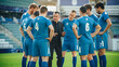 © Gorodenkoff - Professional Soccer Team Training, Tactical Coaching: Football Coach Explains Game Strategy, Tactics, Workout Plan to Players. Trainer Motivates Athletes, Leads to Victory, Preparing For Match