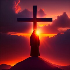 Silhouette of Jesus with Cross over calvary sunset,holy cross symbolizing the suffering,death and resurrection of Jesus Christ. concept for religion,worship,Good Friday,Easter,Jesus he is risen