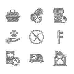 Sticker - Set Anti worms parasite, Veterinary ambulance, Pet house, Pets vial medical, Clinical record pet, Hands with animals footprint, Dog medicine bottle and carry case icon. Vector