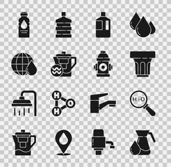 Canvas Print - Set Jug glass with water, Chemical formula for H2O, Glass, Big bottle clean, Water jug filter, Earth planet in drop, Bottle of and Fire hydrant icon. Vector