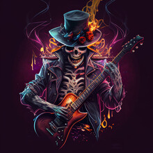 Smoking Skeleton Rockstar With Electric Guitar And Top Hat