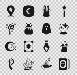 Canvas Print - Set Tarot cards, Magic hat, ball, Magician and rabbit ears, Witch cauldron, staff, stone and Ghost icon. Vector