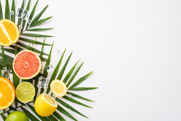 Wall Mural - Savor the taste of summer. Top view flat lay of sliced oranges, grapefruit, lime, and lemon on white background with palm leaves and an empty space for text or advertisement