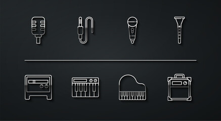 Poster - Set line Microphone, Guitar amplifier, Clarinet, Grand piano, Music synthesizer, Audio jack, and icon. Vector