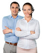 © BillionPhotos.com - Close-up view of young woman and man with headphones, call center or support concept