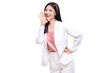 Beauty Asian woman with open mouths raising hands shouting good news isolated on transparent background, PNG file format.