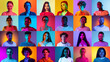 © Lustre Art Group  - Human emotions. Collage of ethnically diverse people, men and women expressing different emotions over multicolored neon background. Team, job fair, ad concept
