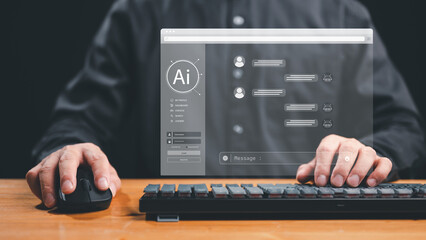 Poster - AI Chatbot intelligent digital customer service application concept, computer mobile application uses artificial intelligence chatbots automatically respond online messages to help customers instantly