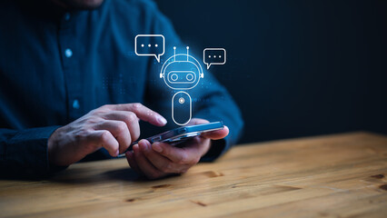 Poster - AI Chatbot intelligent digital customer service application concept, computer mobile application uses artificial intelligence chatbots automatically respond online messages to help customers instantly