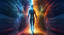 Silhouette Of A Spiritual Angel Connecting To The Divine With Dna Shapes And Colourful Ethereal Lighting. Generative Ai.	
