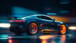 © ArtStage - Fast supercar driving at high speed, with stunning neon lights. Motion blur effect speed. AI generated
