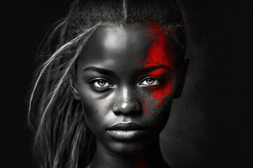 Black beautiful woman model with creative art makeup on black background. Generative AI