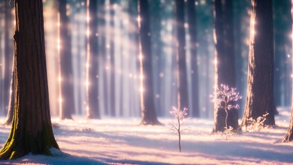 Wall Mural - An Inspiring Image Of A Snowy Forest With A Tree And A Small Plant AI Generative
