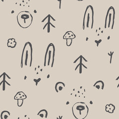 Sticker - Forest sketch nursery seamless pattern. Bear and hare rabbit faces in minimalistic trendy line Scandinavian childish style. Cute animals with Christmas trees and mushrooms with a black brush on beige