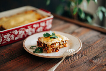 Tasty lasagna italian delicious food meals eat on the wooden dark table lyfestile still life photo