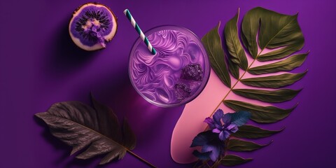 Wall Mural - delicious drink on a purple backdrop, seen from above. generative ai
