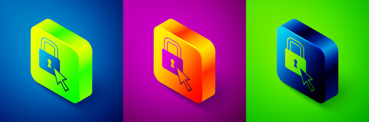 Sticker - Isometric Lock icon isolated on blue, purple and green background. Padlock sign. Security, safety, protection, privacy concept. Square button. Vector