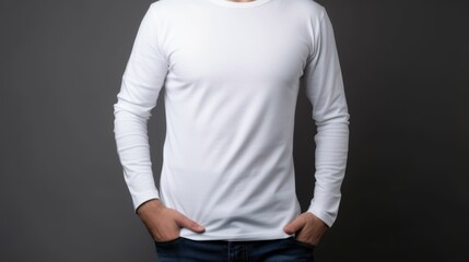 White man model wearing a plain white long sleeve t-shirt, isolated on a blank background. Mock-up, torso only. Generative AI illustration.