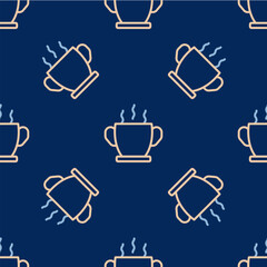 Sticker - Line Bowl of hot soup icon isolated seamless pattern on blue background. Vector