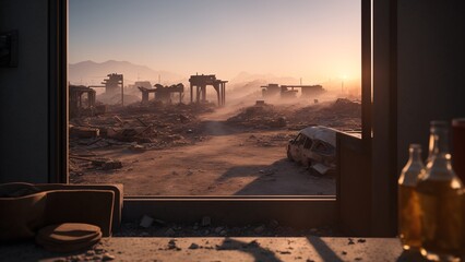 Wall Mural - A Compelling View Of A Desert Area With A Few Buildings And A Bottle Of Beer AI Generative