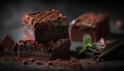 Wall Mural - Brownies cooked from scratch, covered in a layer of dark chocolate. Generative AI