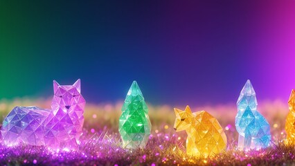 Wall Mural - An Elegant Photo Of A Group Of Crystal Animals In A Field AI Generative