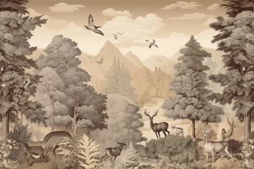 Naklejka na meble wallpaper whit forest and leaves, old drawing vintage - generative ai	