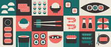 Japanese Food Geometric Banner. Minimal Asian Seafood Background Sushi Shrimp Sashimi Salmon Rice Soup. Vector Design