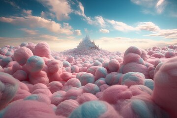 Wall Mural - Magic pastel colored landscape in cotton candy world, generative AI