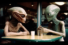 Generative AI Illustration Of Couple Of Extraterrestrial Aliens Talking While Sitting At Table In Cafeteria Looking At Each Other Against Blurred Background