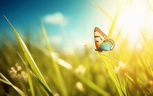 Butterfly On A Green Meadow With Sunshine In The Spring