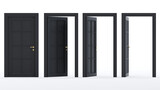 3D render of black open and closed door isolated on white background, Closed and open way.