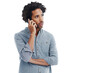 Phone call, communication and black man talking on transparent background for contact, connection and chat. Network, png studio and isolated male on smartphone for conversation, discussion and speak