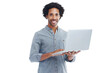 © Shubham/peopleimages.com - Man, laptop and smile portrait with internet isolated on a transparent, png background for email. Happy black male model with computer for research, connection or social media on alpha channel