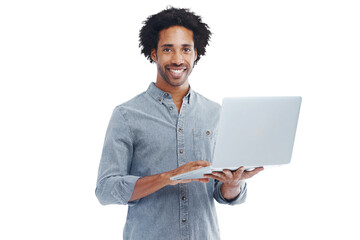 Wall Mural - Man, laptop and smile portrait with internet isolated on a transparent, png background for email. Happy black male model with computer for research, connection or social media on alpha channel