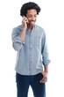 © Shubham/peopleimages.com - Man, happy and talking on phone call for communication isolated on a transparent, png background. Confident black male model with a smile, smartphone contact and network connection on alpha channel