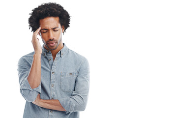 Wall Mural - stress, anxiety and png with a man isolated on a transparent background while suffering from a heada