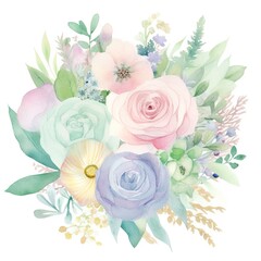 Watercolor Beautiful Mint green, more light pink, lavender and light blue flower bouquet isolated on white background, Generative AI