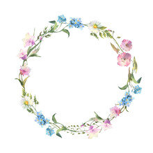Floral Wreath. Watercolor Field Flower Round Frame. Wildflowers. Meadow Flowers Circle Border