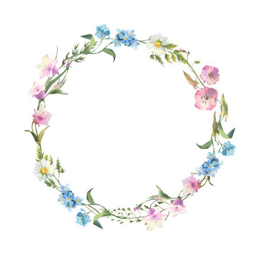 Floral wreath. Watercolor field flower round frame. Wildflowers. Meadow flowers circle border