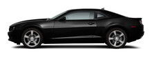 Modern Powerful American Muscle Car In Black Color. Side View On A Transparent Background, In PNG Format.
