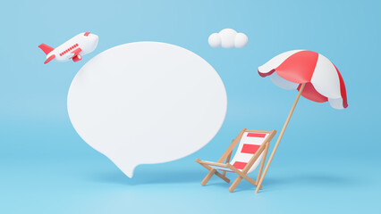 Summer sale ad banner template. Quick tips with airplane icon for summer with copy space on speech bubble. Have a vacation and travel in summer concept. Promotion of summer. 3d rendering illustration