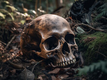 Human Skull In On A Forest Floor, Ai Generative