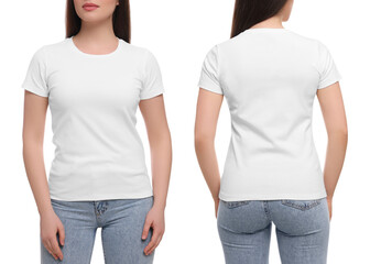 Wall Mural - woman wearing casual t-shirt on white background, closeup. collage with back and front view photos. 