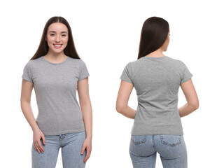 Wall Mural - Woman wearing casual grey t-shirt on white background, mockup for design. Collage with back and front view photos