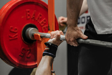 Wall Mural - hand powerlifter hold bar barbell before bench press powerlifting competition, power sports games