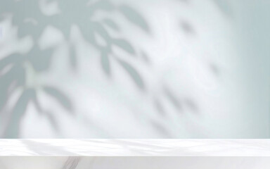 Poster - Minimalistic light background with blurred foliage shadow on a light blue wall. Beautiful background for presentation with with marble floor.
