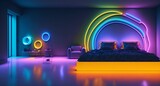 Fototapeta Przestrzenne - Photo of a modern bedroom with neon lights and a comfortable bed