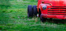 Old Junked Red Work Truck Abandoned In Green Field